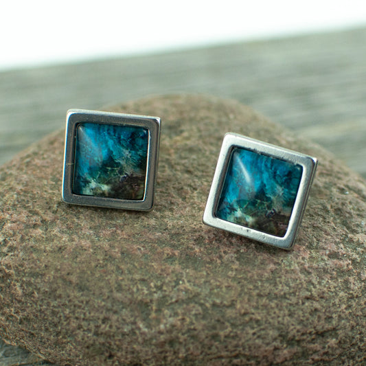 Blue water and shore square stud earrings