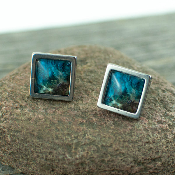 Blue water and shore square stud earrings