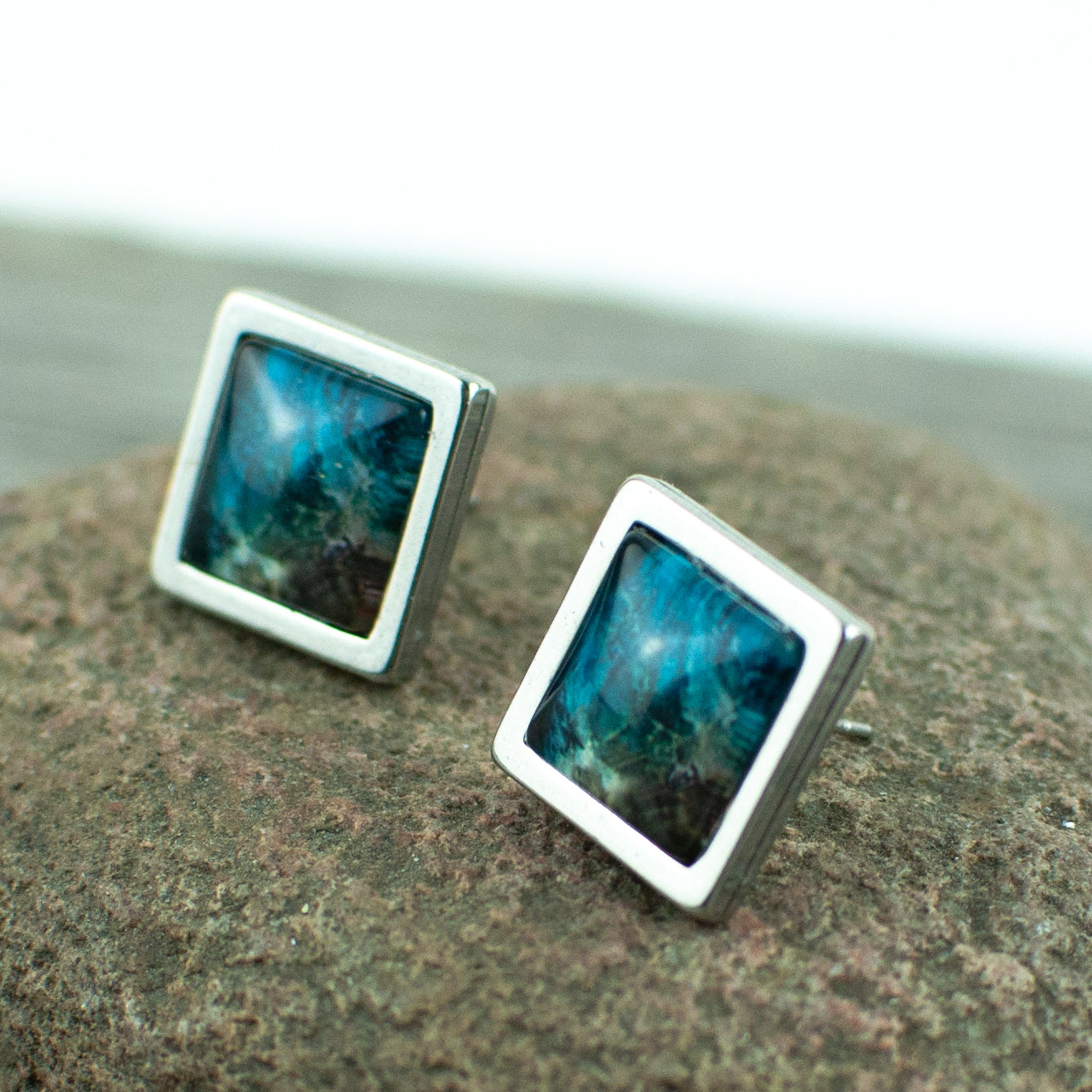 Blue water and shore square stud earrings