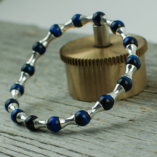 Sterling Silver and Blue tiger eye  Bead Bracelet