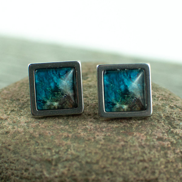 Blue water and shore square stud earrings