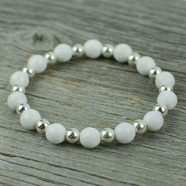 Golf Ball  Bracelet in White Agate and Silver Bead