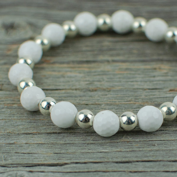 Golf Ball  Bracelet in White Agate and Silver Bead