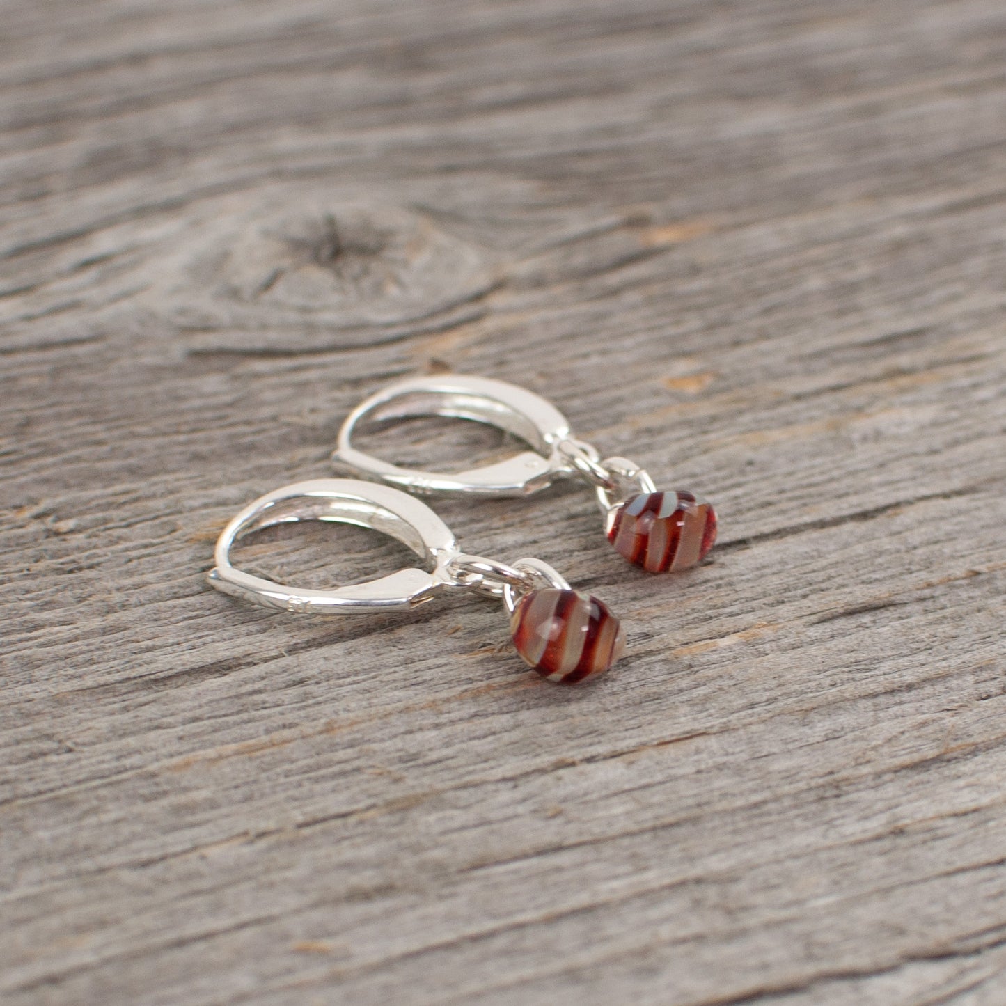 Mini red  striped borosilicate glass teardrop and silver earrings - Lisa Young Design