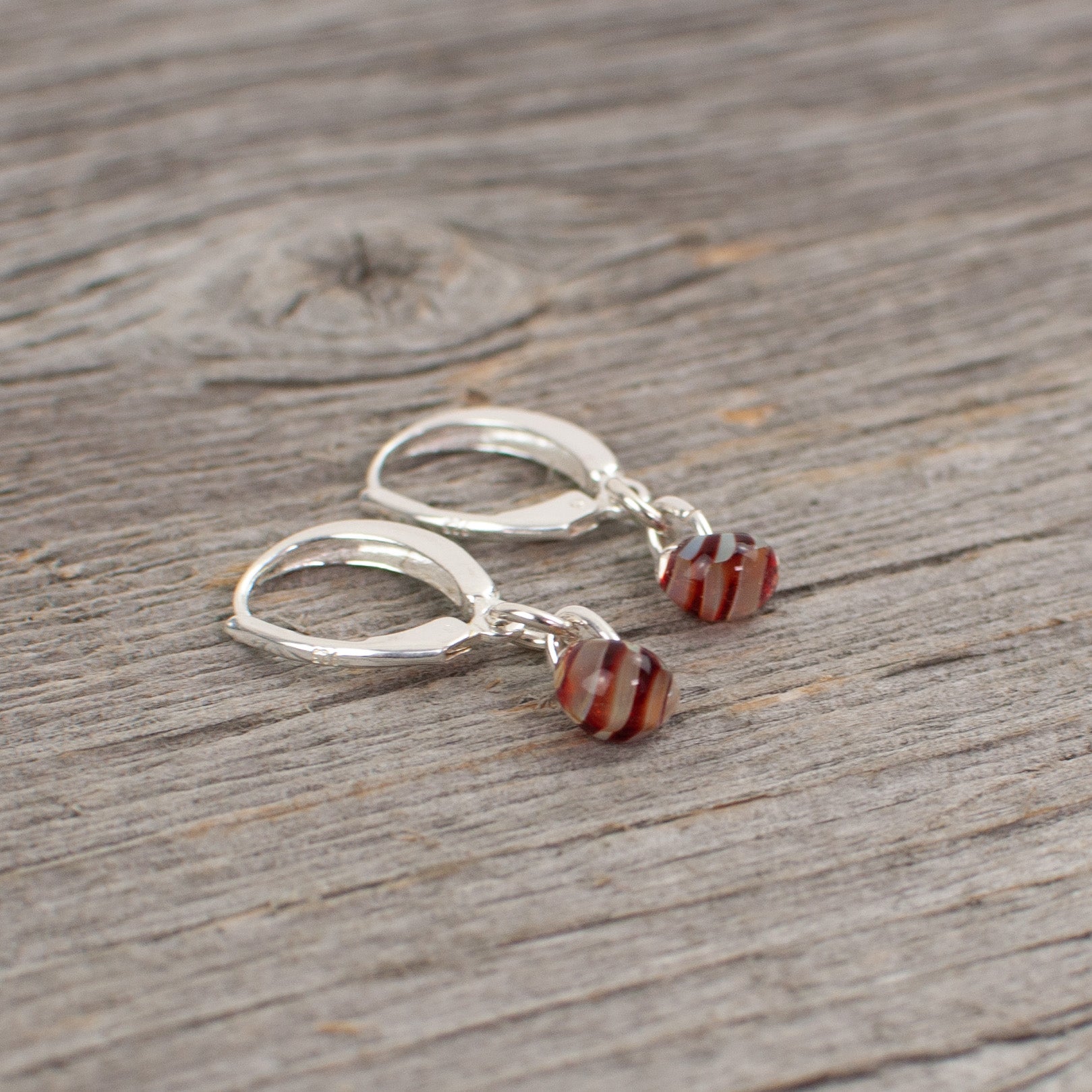 Mini red  striped borosilicate glass teardrop and silver earrings - Lisa Young Design