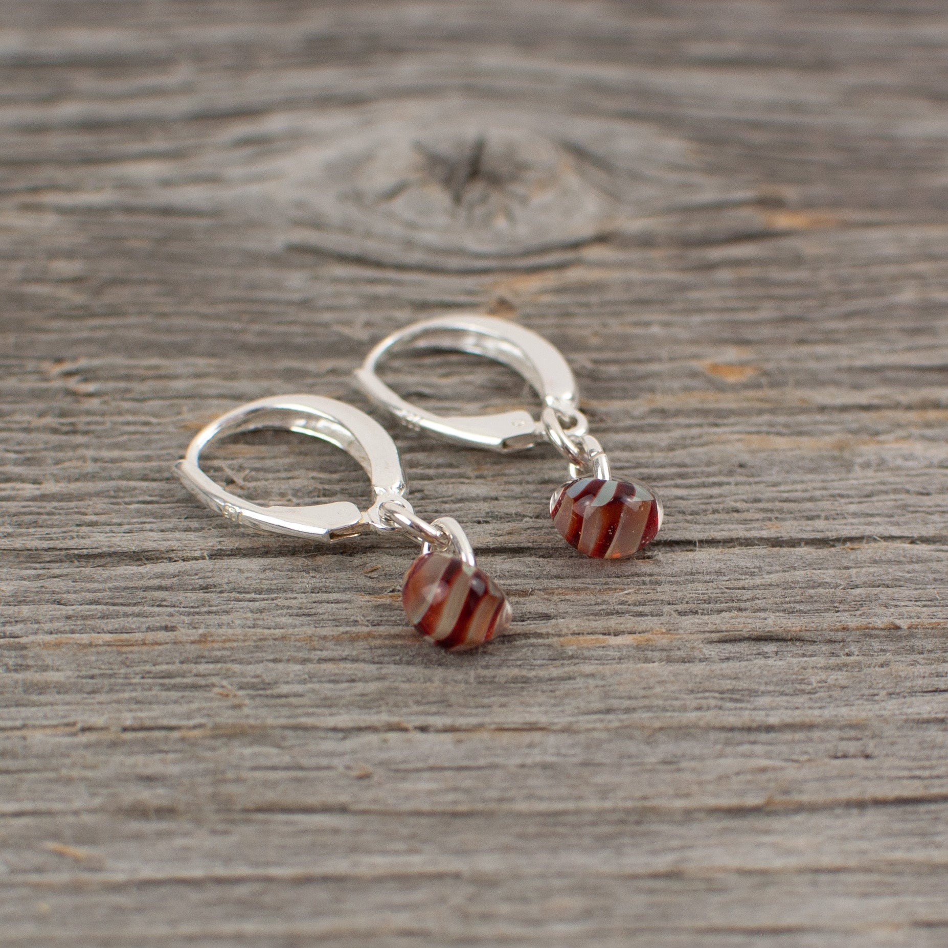 Mini red  striped borosilicate glass teardrop and silver earrings - Lisa Young Design