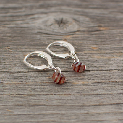 Mini red  striped borosilicate glass teardrop and silver earrings - Lisa Young Design