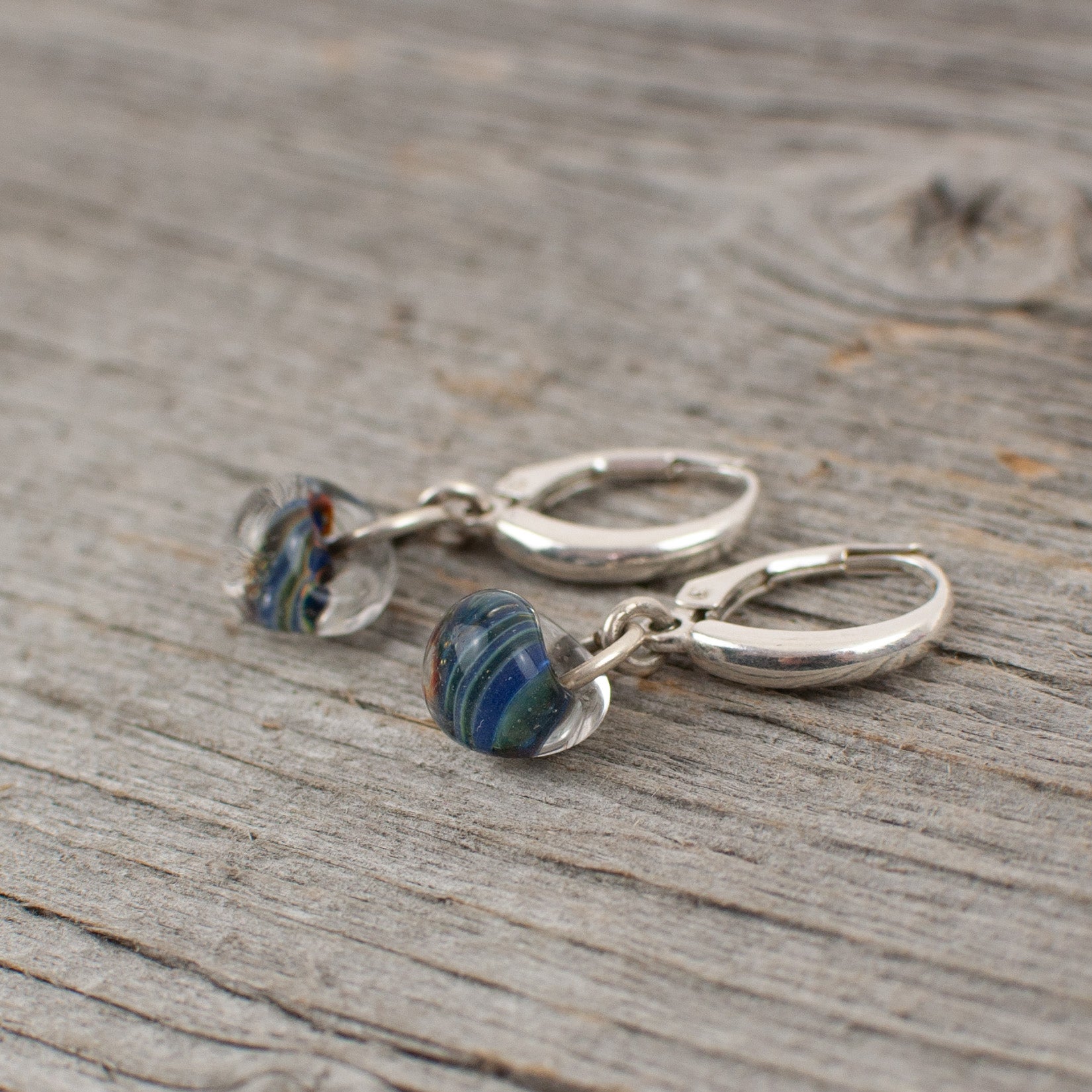 Blue striped borosilicate glass teardrop and silver earrings - Lisa Young Design