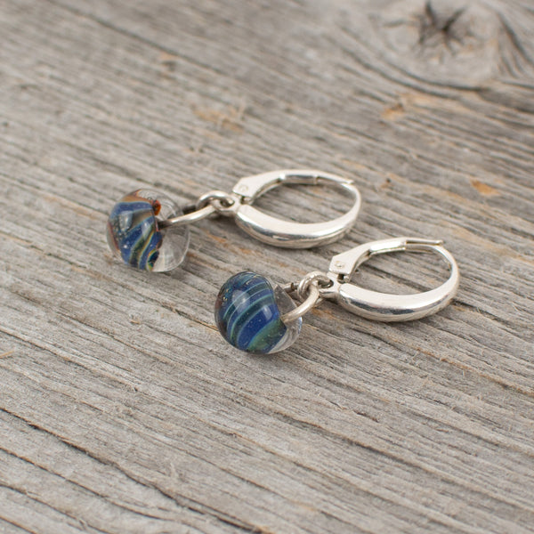 Blue striped borosilicate glass teardrop and silver earrings - Lisa Young Design