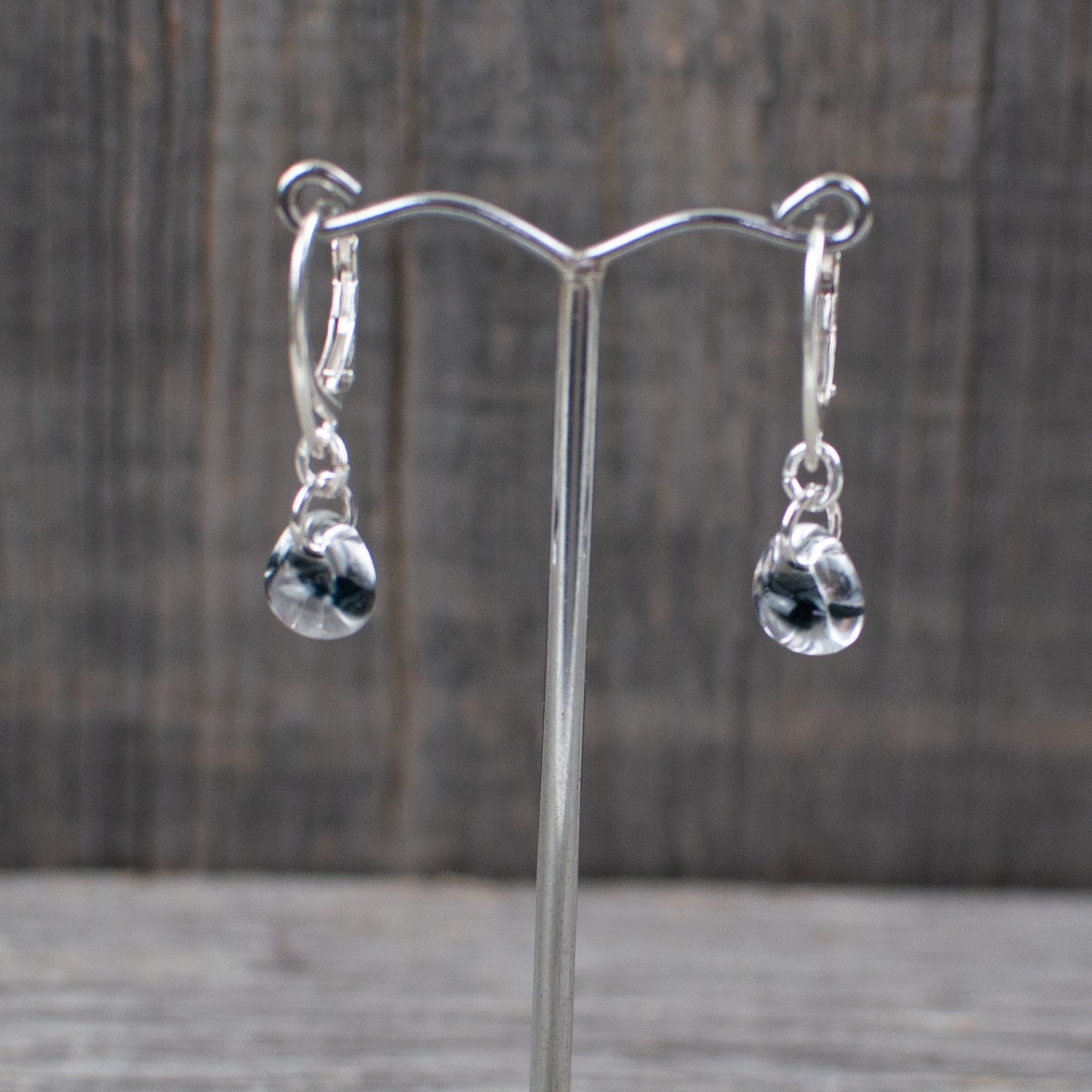 Black borosilicate glass teardrop and silver earrings