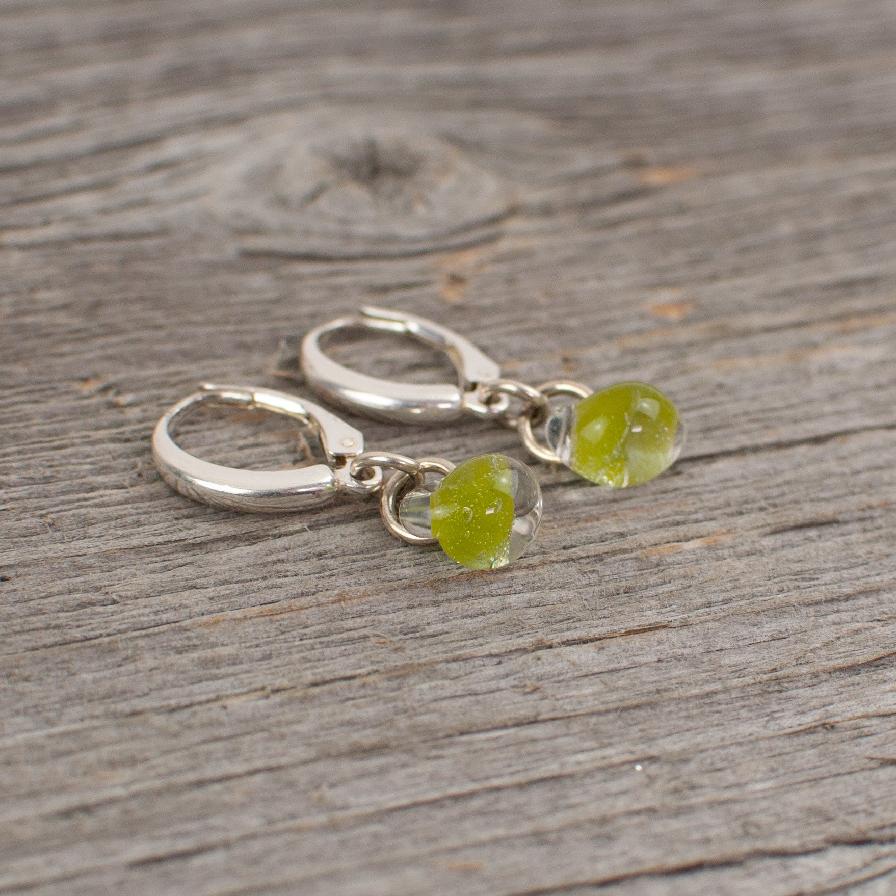 Lime green borosilicate glass teardrop and silver earrings - Lisa Young Design