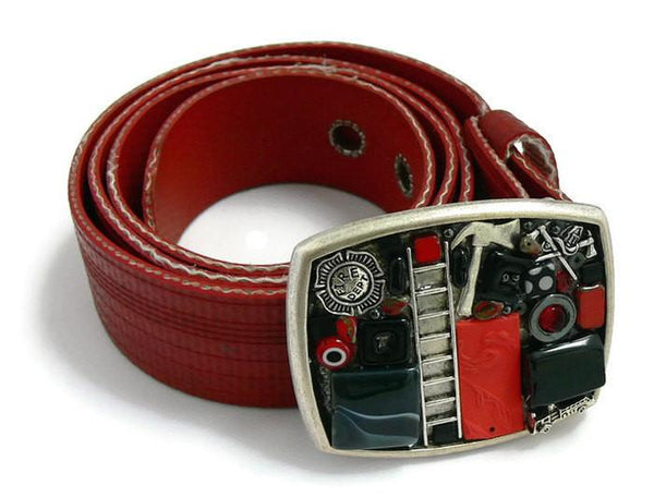 Fireman Theme Belt buckle on recycled fire hose strap - Lisa Young Design