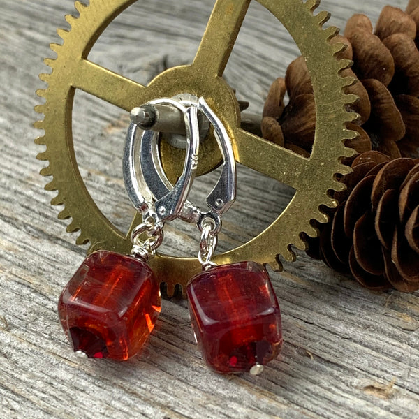 Red borosilicate glass cube and crystal earrings