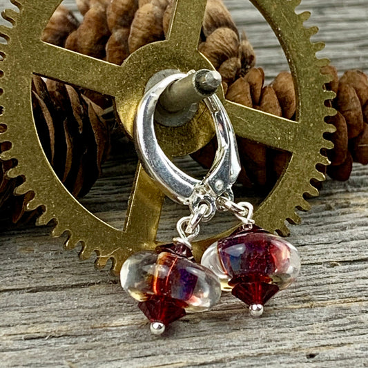 Red borosilicate glass donut and crystal earrings